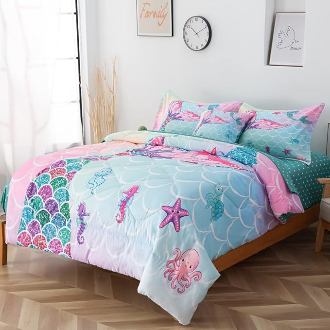 ADASMILE A & S 6 Pieces Mermaid Comforter Twin for Girls Kids Mermaid Bedding Fish Scale with Starfish Turtle Printed Bed in a Bag Comforter and Sheet Set Rainbow Mermaid Scale Bedding Home Decor