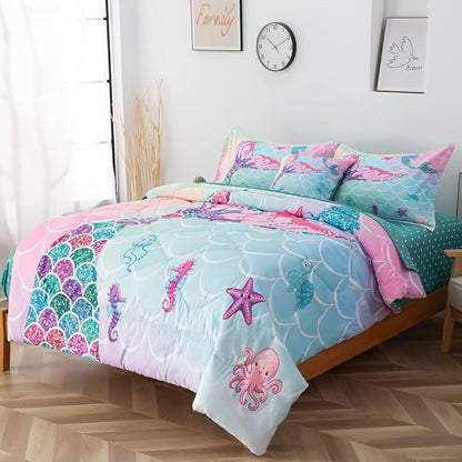 ADASMILE A & S 6 Pieces Mermaid Comforter Twin for Girls Kids Mermaid Bedding Fish Scale with Starfish Turtle Printed Bed in a Bag Comforter and Sheet Set Rainbow Mermaid Scale Bedding Home Decor