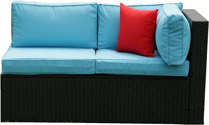 5 Pieces Outdoor Furniture PE Rattan Patio Sectional U Shaped Conversation Sofa Set with Table and 2 Pillows for Garden, Yark, Lawn, Backyard, Onesize, Black Wicker+Blue Cushion