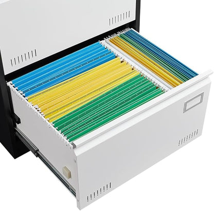 3 Drawer Metal Lateral Lock and Card Holder,Office Vertical Files Storage Cabinets w/Heavy 3 Section Slide Rail & Breathable Holes,for Legal/Letter/A4,Black+White