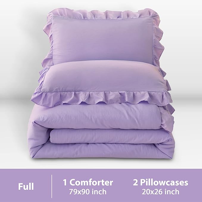 Andency Lavender Ruffle Comforter Full(79x90Inch), 3 Pieces(1 Ruffled Comforter and 2 Pillowcases) Solid Farmhouse Shabby Chic Comforter, Vintage Rustic Soft Microfiber Bedding Set