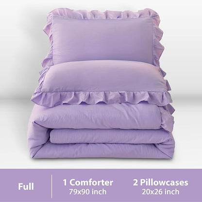 Andency Lavender Ruffle Comforter Full(79x90Inch), 3 Pieces(1 Ruffled Comforter and 2 Pillowcases) Solid Farmhouse Shabby Chic Comforter, Vintage Rustic Soft Microfiber Bedding Set