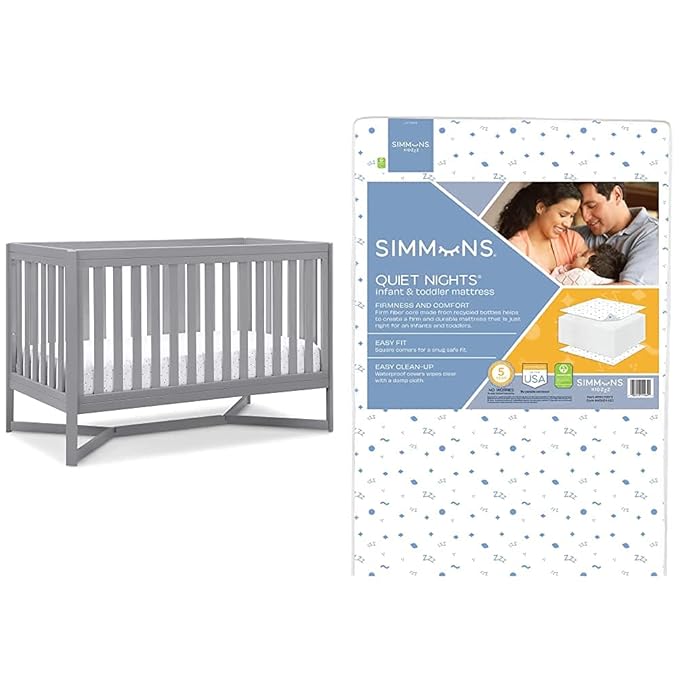Delta Children Tribeca 4-in-1 Baby Convertible Crib + Simmons Kids Quiet Nights Crib and Toddler Mattress Made from Recycled Water Bottles/GREENGUARD Gold Certified [Bundle], Grey
