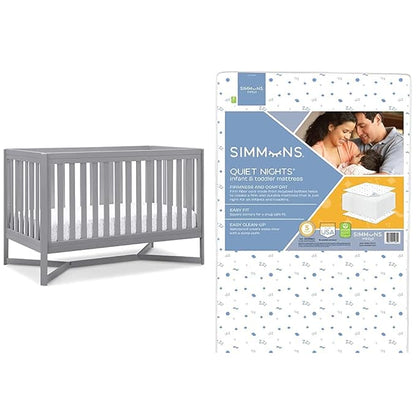 Delta Children Tribeca 4-in-1 Baby Convertible Crib + Simmons Kids Quiet Nights Crib and Toddler Mattress Made from Recycled Water Bottles/GREENGUARD Gold Certified [Bundle], Grey