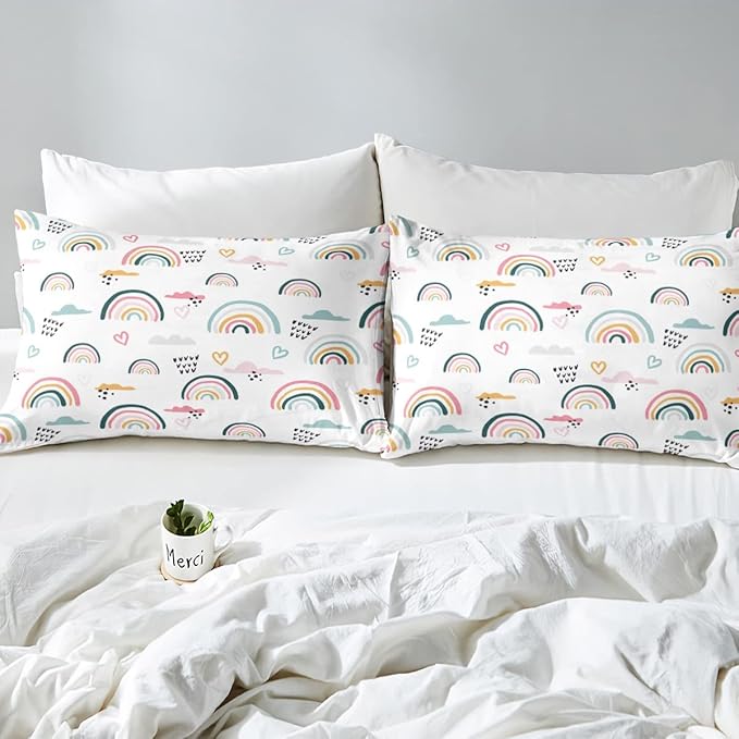 Erosebridal Rainbow Bedding Set for Kids Girls, Pink Love Heart Comforter Set Full Size Cartoon Cloud Geometric Stripes Bedding Comforter for Boys Children Women Watercolor Art Girly Duvet Sets