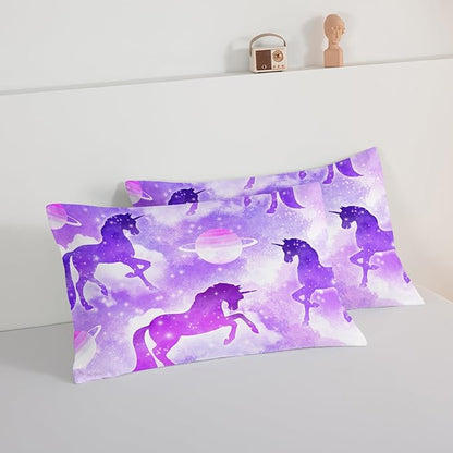 HOSIMA Purple Unicorn Bedding Sets for Girls Kids,3 Piece Soft Microfiber Galaxy Comforter Princess Crib Bedding Set Unicorn Bedroom Decor for Girls Room,Planet Cloud Queen Comforter Set.