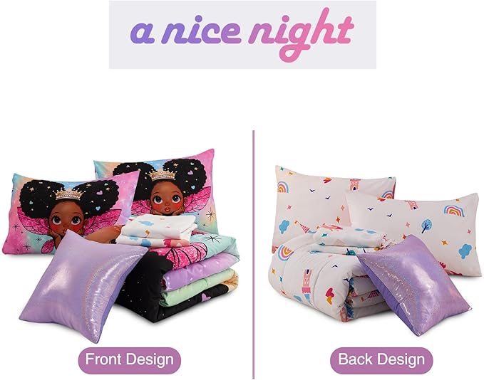 A Nice Night Black Girl Princess with Wings Comforter Set,Pink Gradient Glitter Rainbow Galaxy 6pcs Kids Bedding Set,Full