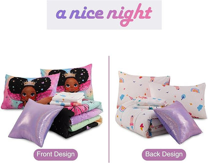 A Nice Night Black Girl Princess with Wings Comforter Set,Pink Gradient Glitter Rainbow Galaxy 6pcs Kids Bedding Set,Full