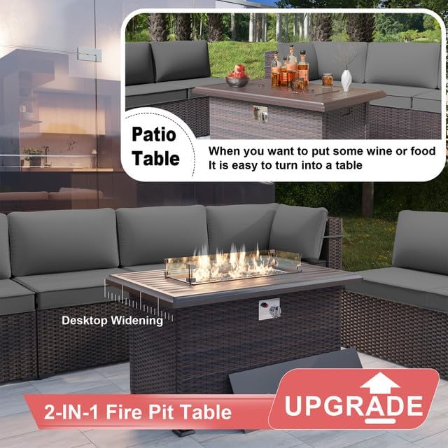 Patio Furniture Set with Fire Pit Table 8 Pieces Outdoor Sectional Furniture Outdoor Rattan Patio Conversation Sets with 43in 55,000 BTU Propane Gas Fire Pit Table Glass Table, Grey