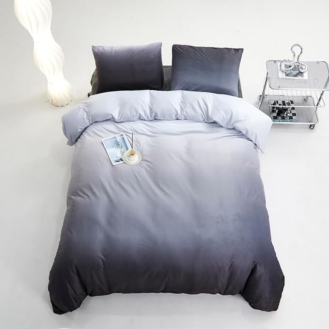 Gray White Gradient Comforter Set Twin Gray Velvet Bedding Comforter Modern Plain White and Deep Gray Gradient Soft Quilt Farmhouse Flannel Comforter Warm Twin Bed Comforter