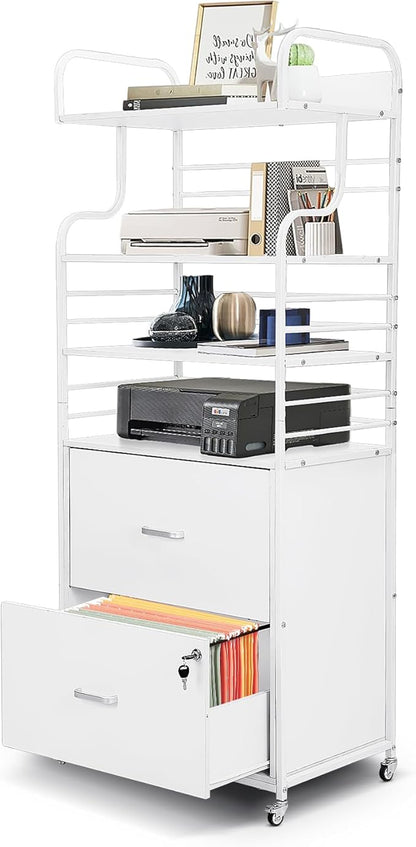 Vertical File Cabinet, 2 Drawer Mobile Filing Cabinet with 3 Bookshelf, Printer Stand with Open Storage Shelves Fits A4/Letter/Legal Size File Cabinets for Home Office Organizer, White