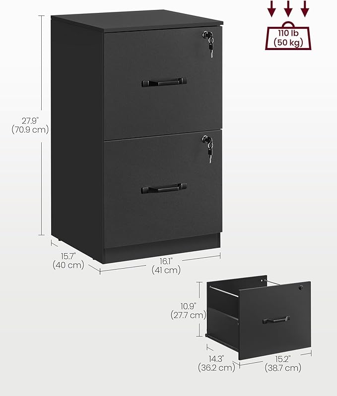 VASAGLE 2-Drawer Vertical File Cabinet, Filing Cabinet for Home Office, Printer Stand, with 2 Lockable Drawers, Adjustable Hanging Rail, for A4 and Letter-Size Files, Ink Black UOFC061B16
