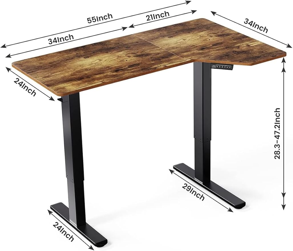 Marsail L Shaped Electric Standing Desk, 55x34 Inch Standing Desk Adjustable Height with Headphone Hook, Large Computer Desk Sit Stand Desk for Home Office Sturdy Writing Workstation, Vintage