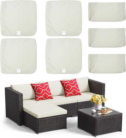 ClawsCover 7Pack Outdoor Seat and Back Cushions Replacement Covers Fit for 3/5 Pieces 4-Seater Wicker Rattan Patio Furniture Conversation Set Sectional Couch,Cream-Large(Include Cover Only)