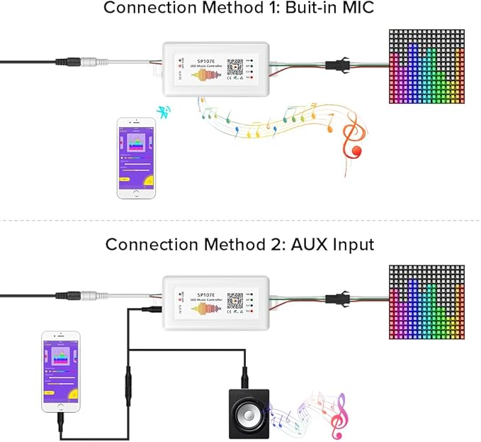 BTF-LIGHTING FCOB RGB WS2811 IC WS2812B WS2811 WS2813 SP107E Music Bluetooth Full Color Controller Support Almost All The LED IC Chip Suit for LED Strip,Matrix Panel,Module Buli-in Mic/AUX Input