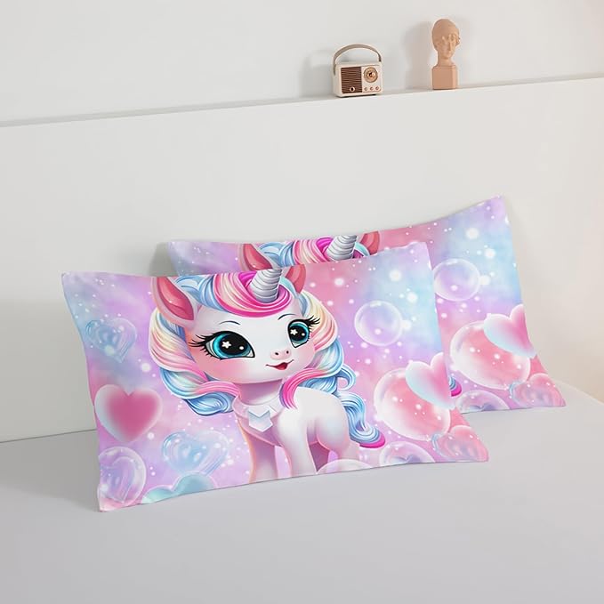 HOSIMA Unicorn Bedding Sets for Girls Teens,Cartoon Kawaii Unicorn Comforter Bubble and Love Heart Bedding Set,Fantasy Unicorn Bedroom Decor for Girls Pink Purple Full Size Bed in a Bag Set.