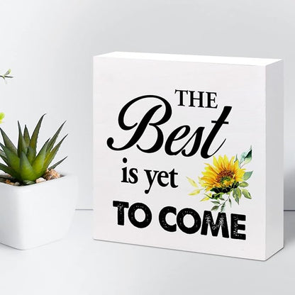 The Best is Yet to Come Sunflower Wood Block Sign Desk Decor,Rustic Inspirational Wooden Box Plaque Sign Desk Decor for Home Office Shelf Table Decorations