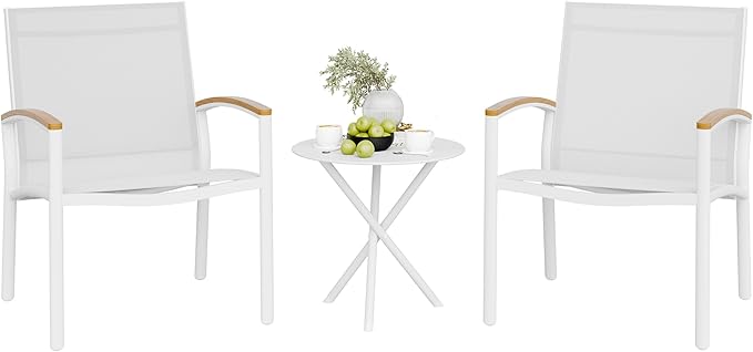 Shintenchi 3 Pieces Outdoor Patio Bistro Sets, Textilene Fabric Small Patio Furniture Set, Front Porch Chairs Conversation Set with Table for Lawn, Garden, Balcony, Poolside (White)