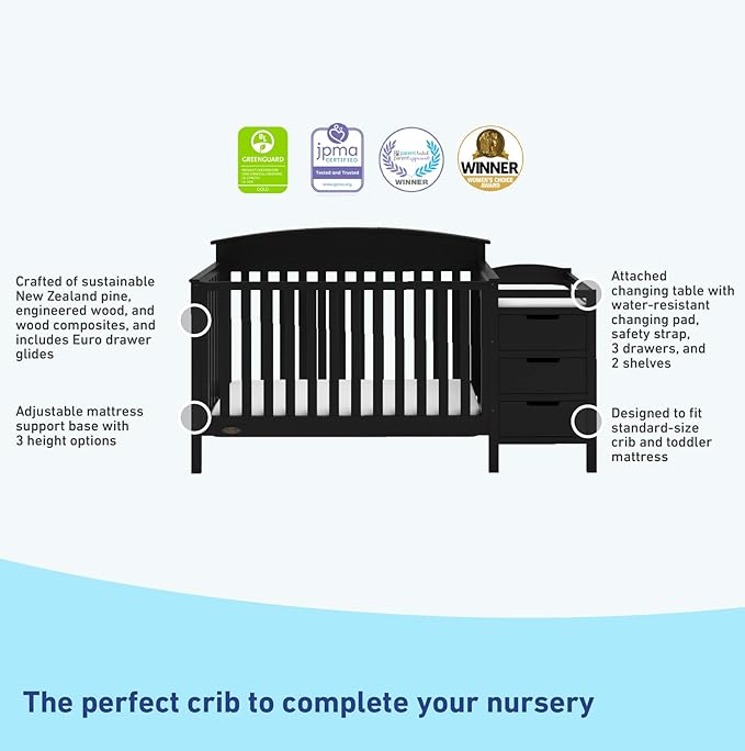 Graco Benton 4-in-1 Convertible Crib and Changer (Black) – GREENGUARD Gold Certified, Crib and Changing -Table Combo, Water-Resistant Changing Pad, Converts to Toddler Bed, Daybed & Full-Size Bed