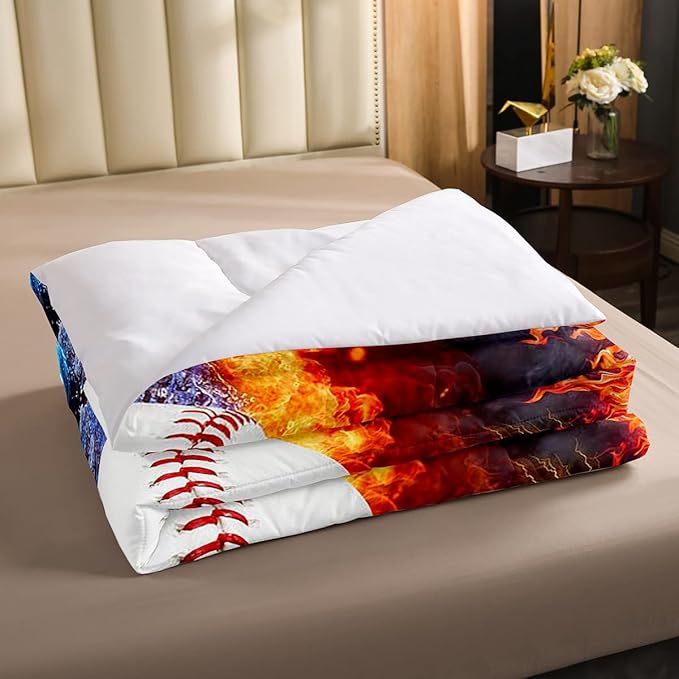 Baseball Comforter Set Queen Size Sports Theme Down Comforter Kids Teens Boys Fire and Ice Sports Baseball Quilted Duvet,Decoration 3 Pcs Bedding Comforters (1 Comforter Set +2 Pillowcases) Red Blue