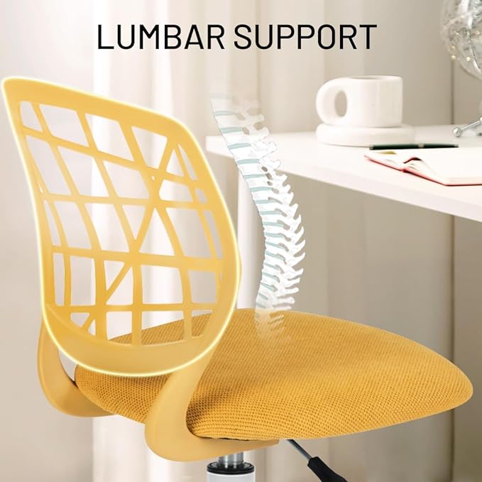 Kids Desk Chair, Fabric Office Chair Armless Small Mid Back Swivel Children Computer Task Chair Ergonomic Height Adjustable Study Chairs with Swivel Padded Cushion and Rolling Wheels, Yellow