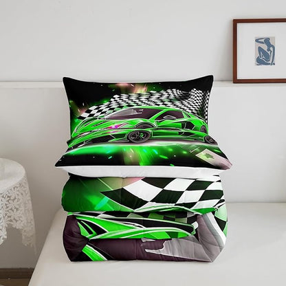 Feelyou Race Car Bedding Set Queen Size,Boys Extreme Sports Comforter Set for Kids Boys Car Racing Gifts,Green Cool Car Comforter Car Sports Quilt Set 1 Comforter with 2 Pillowcase Car Racing Gifts