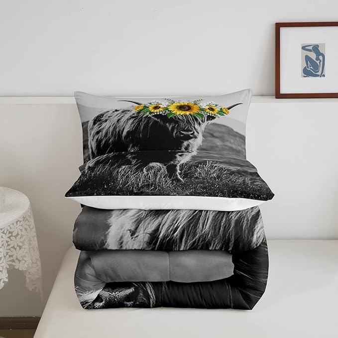 Highland Cow Comforter Set Twin Size Bull Cattle Flower Down Comforter Yellow Sunflower Western Funny Animal Cow Print Quilted Duvet Wild Animal Farmhouse Cow Bedding Comforters, with 1 Pillowcase