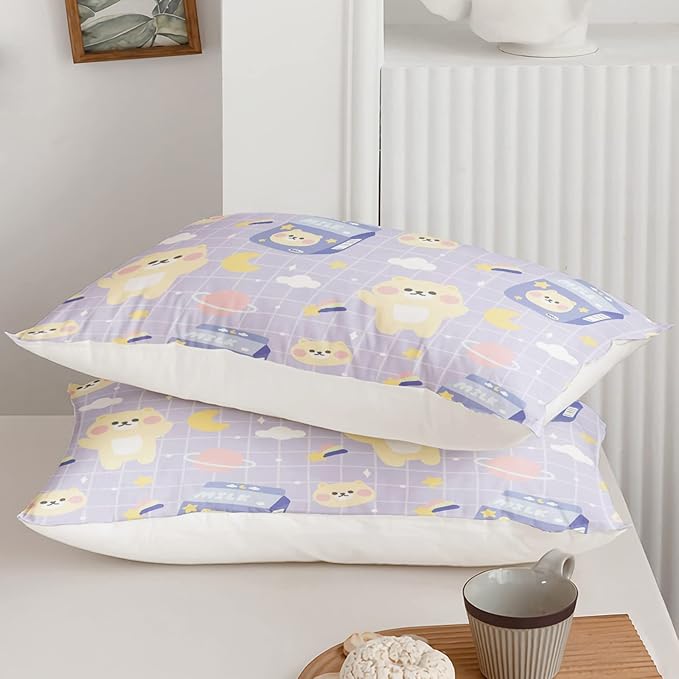Kawaii Bear Comforter Queen Size,Cartoon Bear Comforter Set for Kids Teens Girls,3Pcs Bedding Set Printed Comforter with 2 Pillowcases,Down Alternative,Soft and Lightweight(Purple，Queen Size)