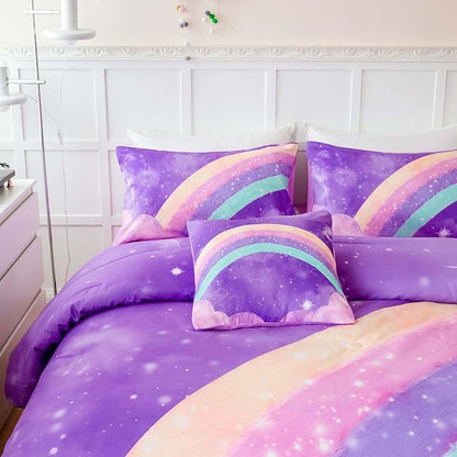 Purple Rainbow Girls Full Size Comforter Set, 6 Pieces Gradient Glitter Kids Bedding Sets, Galaxy Kids Bedroom Decor Bed in A Bag with Sheets for Girls Teens