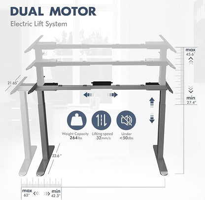 AIMEZ0 Dual Motor Electric Sit Stand Desk Standing Desk Frame Adjustable Height 27.4-45.6 inches DIY Motorized Computer Desk for Home and Office Gray (Frame Only)