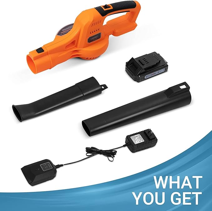 20V Cordless Leaf Blower with Battery and Charger, Leaf Blower Battery Operated, Rechargeable Electric Handheld Leaf Blower Variable Speed with 2 Tubes for Patio, Leaves Blowing-Orange