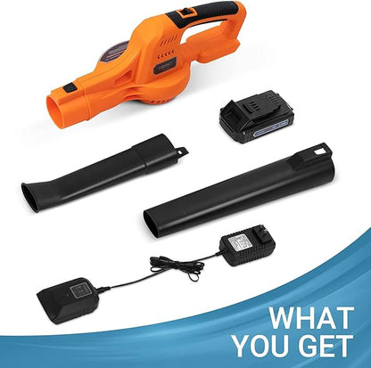 20V Cordless Leaf Blower with Battery and Charger, Leaf Blower Battery Operated, Rechargeable Electric Handheld Leaf Blower Variable Speed with 2 Tubes for Patio, Leaves Blowing-Orange