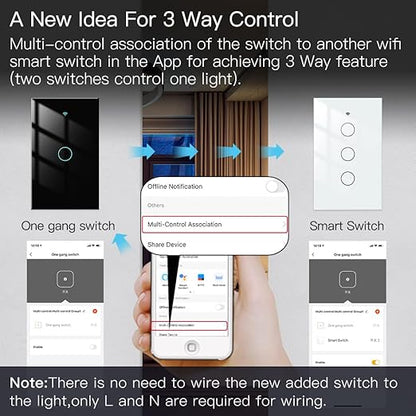 MOES 2.4GHz WiFi Wall Touch Smart Switch Neutral Wire Required, 3 Way Multi-Control, Glass Panel Light Switch Work with Smart Life/Tuya App, RF433 Remote Control, Alexa and Google Home Black 1 Gang
