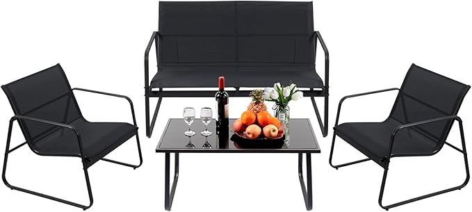 4 Pieces Patio Furniture Set Outdoor Patio Conversation Sets Poolside Lawn Chairs with Glass Coffee Table Porch Furniture for Courtyard, Garden and Balcony (Black)