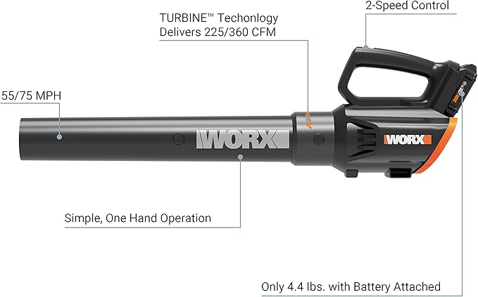 WORX Cordless Leaf Blower 20V WORXAIR Turbine Blower WG547.2 for Lawn Care Yard Work, 2 Variable Speed Control, 1 * 4.0 Ah Battery & Charger Included