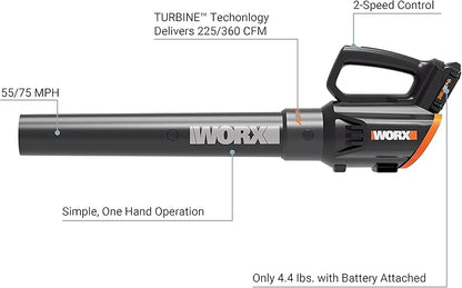 WORX Cordless Leaf Blower 20V WORXAIR Turbine Blower WG547.2 for Lawn Care Yard Work, 2 Variable Speed Control, 1 * 4.0 Ah Battery & Charger Included