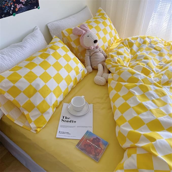 Wellboo Yellow and White Comforter Sets Twin Women Men Bright Yellow Checkerboard Grid Bedding Comforters Cotton Boys Girls Modern Light Yellow Checkered Geometric Quilts Luxury Elegant Yellow Bed
