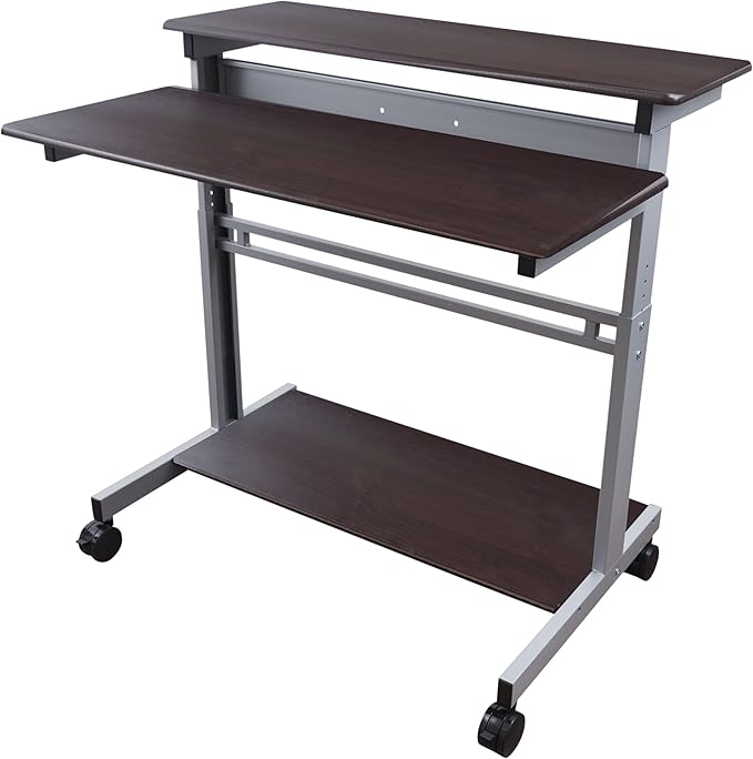 Stand Up Desk Store Rolling Adjustable Height Two Tier Standing Desk Computer Workstation (Silver Frame/Dark Walnut Top, 40" Wide)