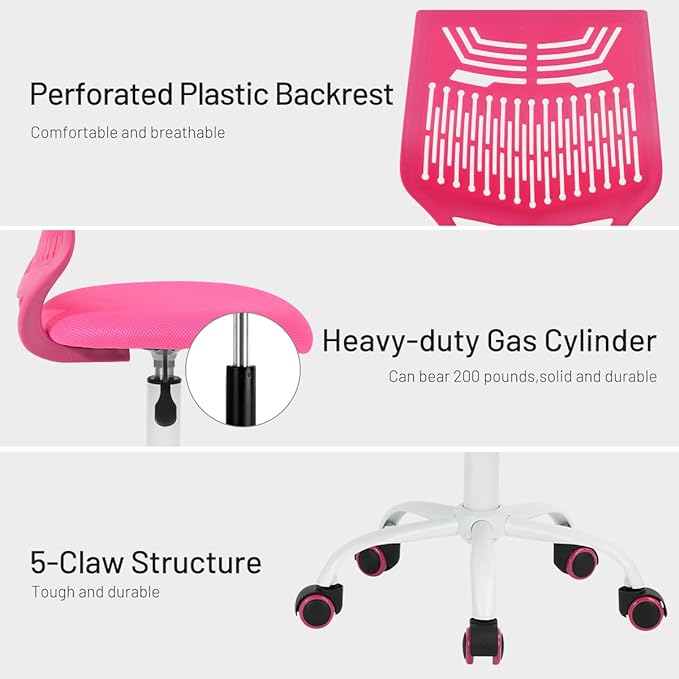 FurnitureR Desk Chair Armless Cute Home Office Desk Chair for Kids, Swivel Computer Task Chair Study Chair with Mesh Padded Cushion and Rolling Wheels for Child, Pink