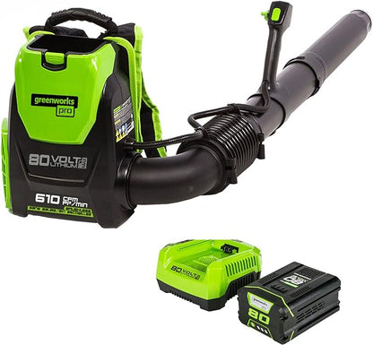 Greenworks 80V (180 MPH / 610 CFM / 75+ Compatible Tools) Cordless Brushless Backpack Blower, 2.5Ah Battery and Rapid Charger Included, Green/Black