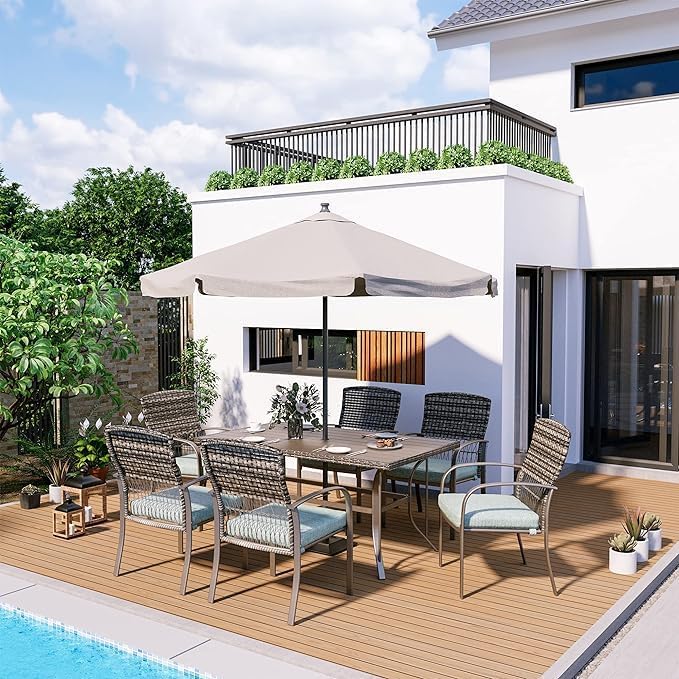 Pamapic Patio Dining Set, 7 Piece, Outdoor Wicker Furniture Set for Backyard Garden Deck Poolside/Iron Slats Table Top, Removable Cushion, Green