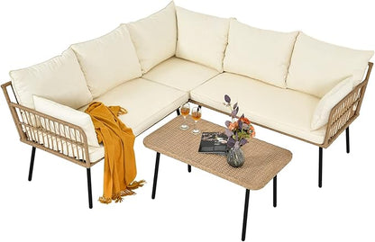 YITAHOME 4 Pieces Patio Furniture Set, Outdoor Rattan Woven Conversation Sectional L-Shaped Sofa with 5 Seater for Backyard, Porch, Boho Detachable Lounger with Cushions and Side Table - Beige