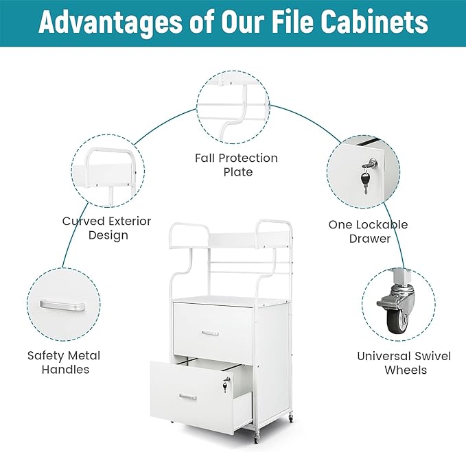 Vertical File Cabinet, 2 Drawer Mobile Filing Cabinet with 1 Bookshelf, Printer Stand with Open Storage Shelves Fits A4/Letter/Legal Size File Cabinets for Home Office Organizer, White