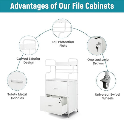 Vertical File Cabinet, 2 Drawer Mobile Filing Cabinet with 1 Bookshelf, Printer Stand with Open Storage Shelves Fits A4/Letter/Legal Size File Cabinets for Home Office Organizer, White
