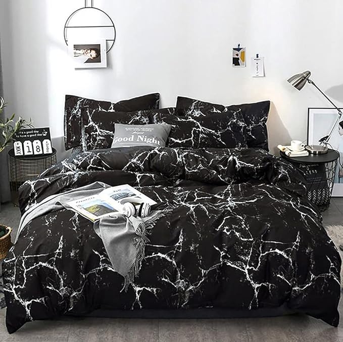 Bedding Set - Full Black Marble 3 Pcs Comforter Set - Includes 1 Comforter, 2 Pillow Covers Cotton, Soft, Breathable, Luxurious, Unisex, All Seasons, Machine Wash