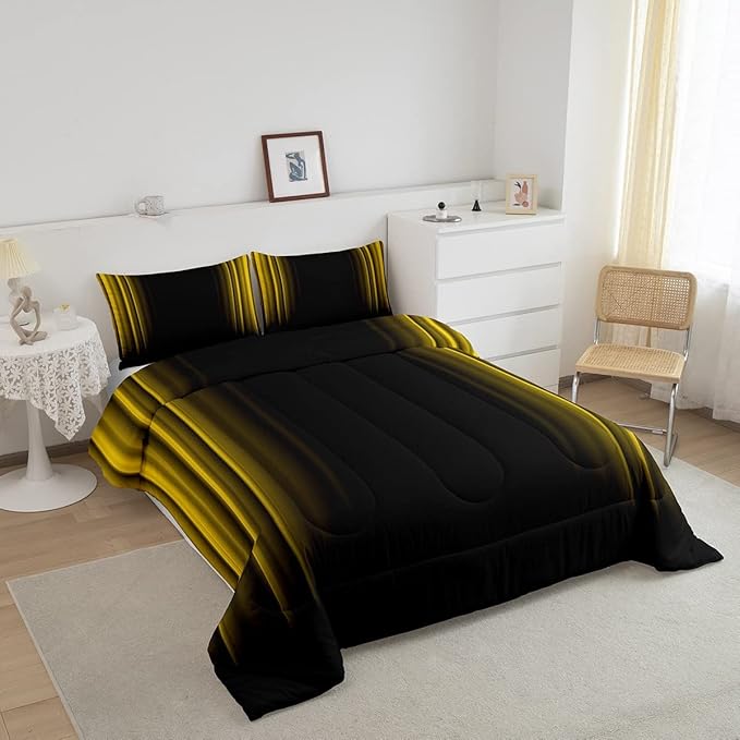 Geometric Abstract Ombre Bedding Bed Set Men Adults Teens Yellow Black Striped Comforter Set Kids Boys Girls Simple Modern Comforter Collection 3Pcs King Size Boys