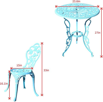 KAI LI Outdoor Furniture Bistro Set with Rose Pattern 1 Table 2 Chairs for Garden Patio Porch (Rose-Light Blue)