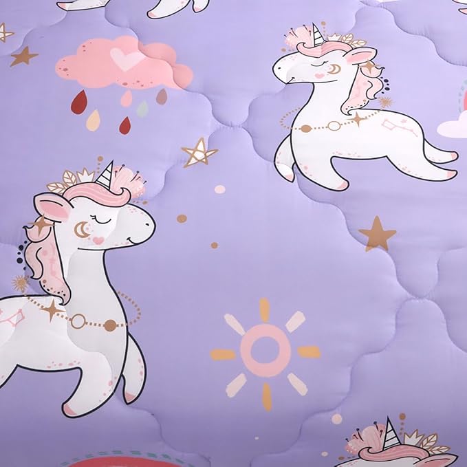 Wajade Kids Purple Unicorn Comforter Set Bed in A Bag Twin Size 7 Piece Cute Unicorn Rainbow Clouds Bedding Set for Girls (1 Comforter, 1 Flat Sheet, 1 Fitted Sheet, 2 Pillowcase and 2 Pillow Sham)