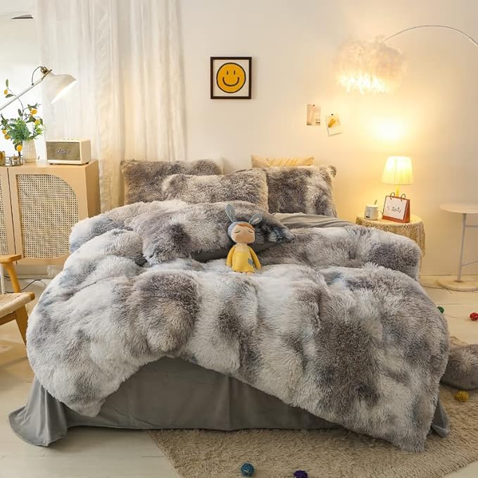 Faux Fur Kids Girls TD Black Comforter Sets Queen - 3PC Bed Set Warm Comfortable Soft Plush Flannel Velvet Fluffy Fuzzy Bedding（Comforter x 1 Pillowcases x 2）