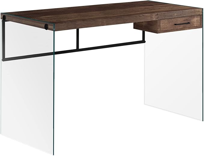 Monarch Specialties Computer Desk - Contemporary Writing Desk with Drawer - Tempered Glass Legs - 48"L (Brown Reclaimed Wood Look)